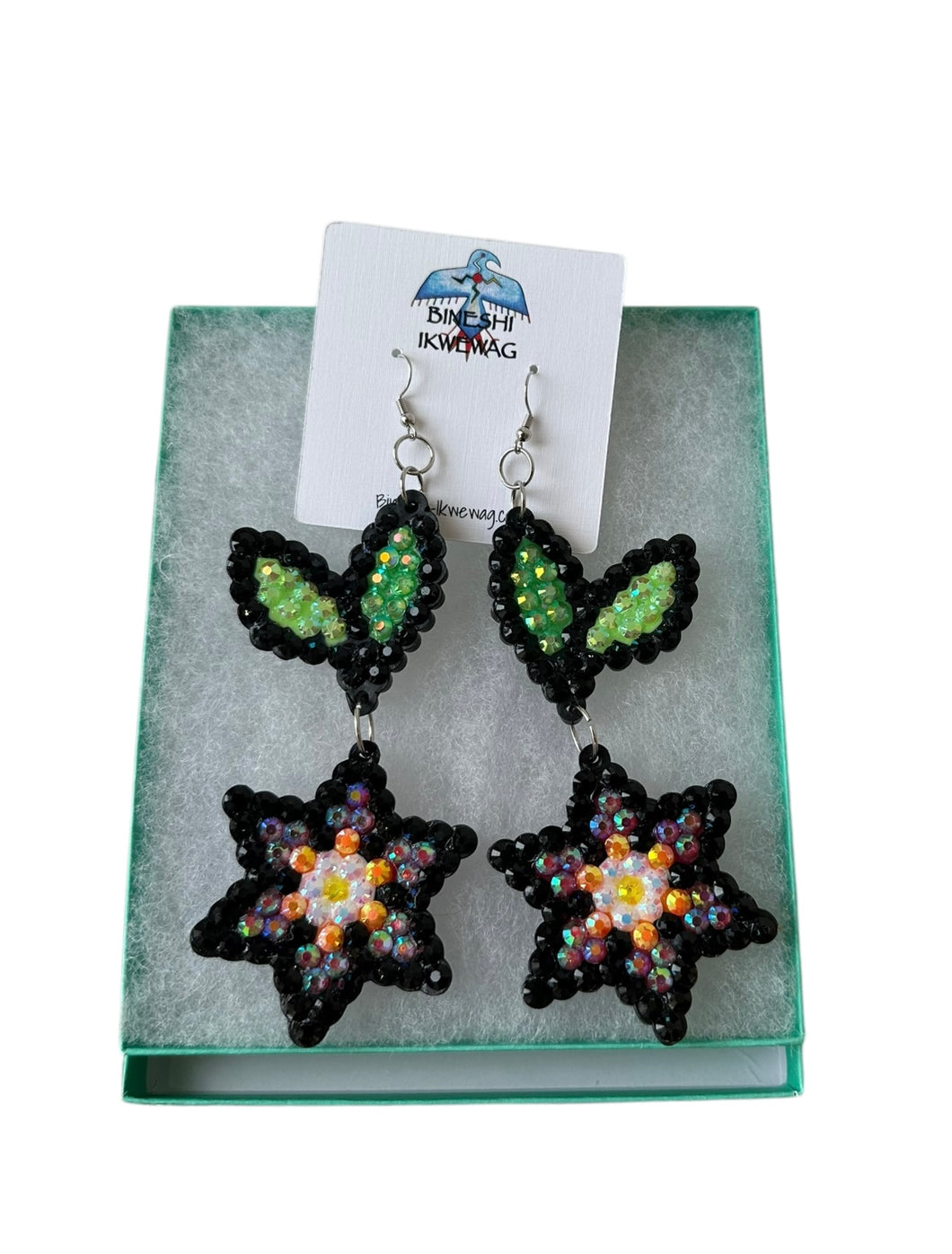Pink and star flower earrings by Bineshi Ikwewag